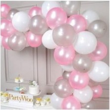 Eğlence Marketi 100 Adet Pembe Beyaz Gümüş Balon ve 5 Metre Balon Zinciri