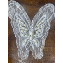 Gönülden Tasarım 32X28 cm Beyaz Güpür Sedef Boncuk Işlemeli Yaka Aplike Arma Dikiş Hobi Aksesuarı