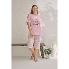 Estiva Kadın Çiçek Desenli Kısa Kollu Kaprili Büyük Beden Yazlık Viskon Pijama Takımı - Pembe
