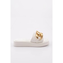 DGN 844 Kadın Metal Zincir Tokalı Kalın Taban Terlik BEYAZ