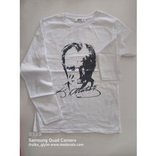 Modavals 23 Nisan 19 Mayıs 29 Ekim 10 Kasım Okul Gösteri Unisex Çocuk Atatürk & Imza Baskılı Uzun Kol Badi - Beyaz