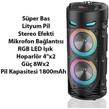 Coofbe Rgb LED Işıklı Mikrofonlu 1800MAH Uzun Şarjlı Bluetooth Hoparlör Speaker Radyo Sd USB Girişli