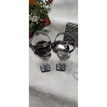 Çiğdem Kundura Platin Taşlı Üç Şeritli Şeffaf Kadeh Ökçeli AYAKKABI(ADFAT3A) - Platin - 36 - ST01766-PLATİN-36