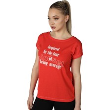 Defy's Kadın Bisiklet Yaka Kısa Kollu Regular Fit Baskılı Tişört Kırmızı