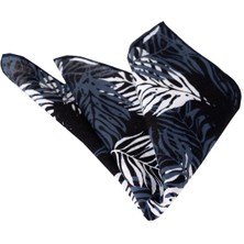 Exve Exclusive Siyah Üzerine Indigo Mavi Beyaz Yaprak Baskılı Yaka Cep Mendili