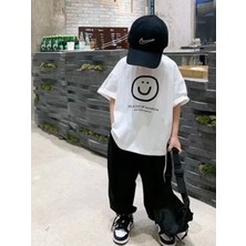 Kids Face Özel Tasarım Bisiklet Yaka Emoji Gülen Yüz Baskılı %100 Pamuk Erkek Çocuk T-Shırt