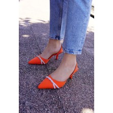 Laminta Vince Turuncu Örgü Detaylı Kadın Topuklu Ayakkabı