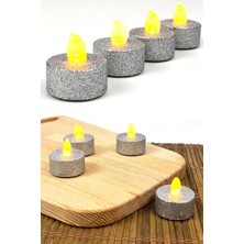 Sin@rasta Pilli Tealight Mum 4 Adetli Simli Parlak Gövde Titreyen Alevli Mum Piller Dahil 80 Saat-Gümüş Renk