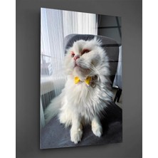 Taulart Sarı Papyonlu Beyaz Kedi Cam Tablo
