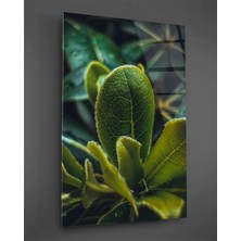 Taulart Makro Yeşil Yapraklar 2 Dikey Cam Tablo