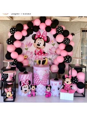 Eğlence Marketi Pembe Siyah Pantiyeli Balon Minnie Mouse Konsept Balon Zincir