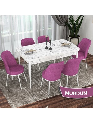 Canisa Concept Via Serisi Beyaz Mermer Desen Açılabilir 80X132 Mutfak Masası Takımı 6 Adet Sandalye