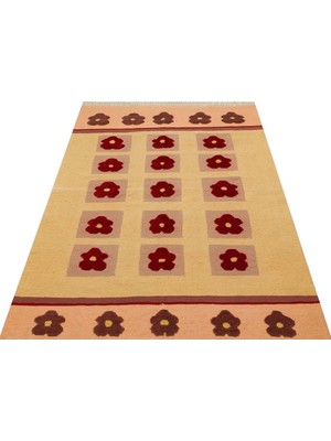 Bespoky Kilim Bej Çiçekli Yün ve Pamuk Kilim Oda Salon Halısı