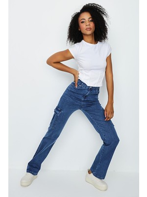 Select Moda Kadın Kargo Cepli Geniş Paça Jeans