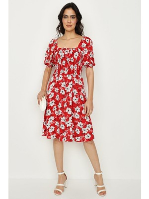 Select Moda Kadın Çiçekli Kare Yaka Balon Kollu Elbise