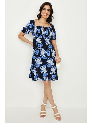 Select Moda Kadın Çiçekli Kare Yaka Elbise