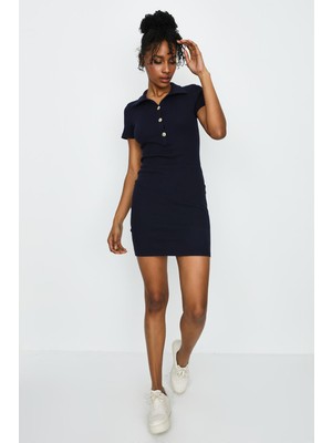 Select Moda Kadın Önden Düğmeli Yakalı Ribana Örme Elbise