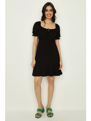 Select Moda Kadın Kare Yaka Balon Kollu Örme Elbise