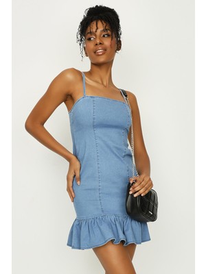 Select Moda Kadın Askılı Eteği Volanlı Denim Elbise