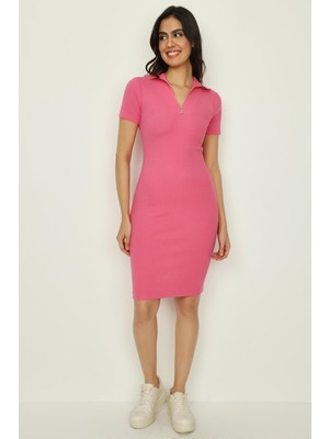 Select Moda Kadın Dik Yaka Fermuar Detaylı Örme Elbise