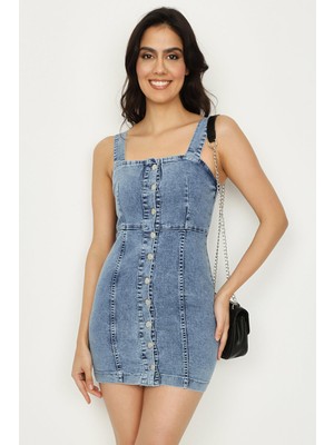 Select Moda Kadın Düğme Kapamalı Askılı Mini Denim Elbise