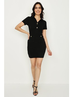 Select Moda Kadın Düğme Detaylı Ribana Örme Elbise