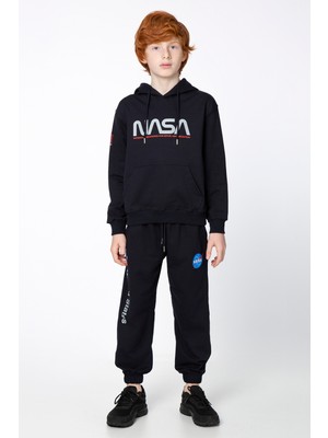 Black One Erkek Çocuk Unisex  Nasa Baskı Detaylı Oversize Kapüşonlu Çocuk Eşofman Takımı