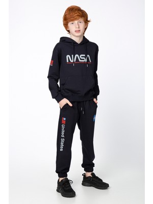 Black One Erkek Çocuk Unisex  Nasa Baskı Detaylı Oversize Kapüşonlu Çocuk Eşofman Takımı