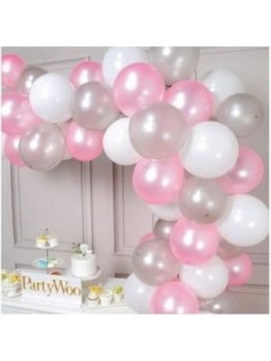 Eğlence Marketi 100 Adet Pembe Beyaz Gümüş Balon ve 5 Metre Balon Zinciri