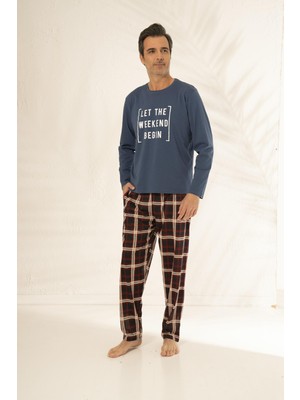Estiva Erkek Uzun Kollu Baskılı Kırmızı Kareli Altlı Yazlık Penye Pijama Takımı