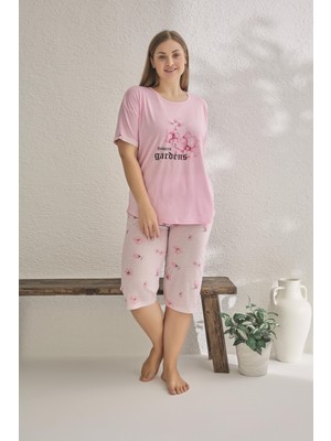 Estiva Kadın Çiçek Desenli Kısa Kollu Kaprili Büyük Beden Yazlık Viskon Pijama Takımı - Pembe