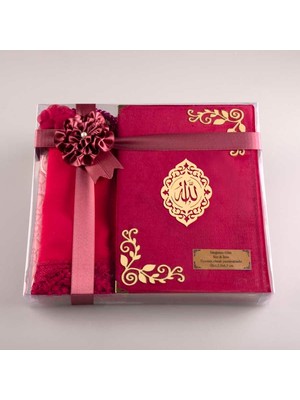 Şal + Seccade + Tesbih + Kuran Hediye Seti (Çanta Boy, Kadife, Fuşya Pembe, Lafzatullah)