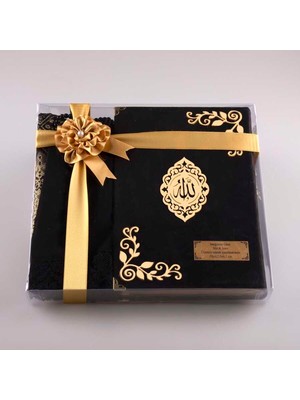 Şal + Seccade + Tesbih + Kuran Hediye Seti (Orta Boy, Kadife, Siyah, Lafzatullah)
