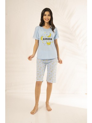 Estiva Kadın Muz Desenli Kısa Kollu Kaprili Yazlık Viskon Pijama Takımı - Mavi