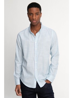 Tudors Slim Fit Uzun Kol Çizgili Keten Düğmeli Yaka Spor Erkek Gömlek