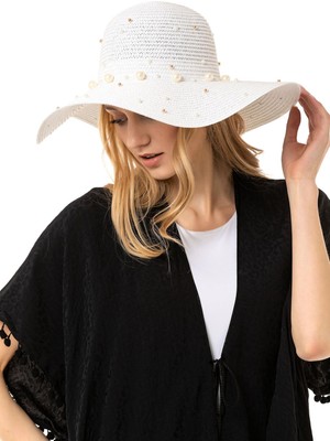 Saria Moda Inci Detaylı Geniş Hasır Şapka
