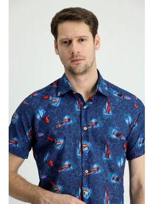 Kiğılı Kısa Kol Slim Fit Dar Kesim Baskılı Pamuk Gömlek