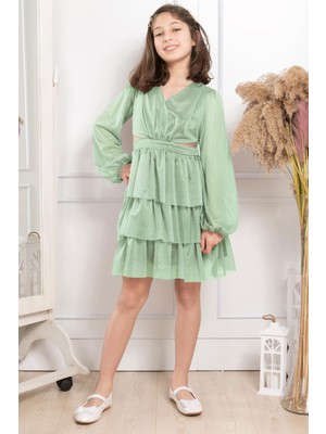 Modaviki Fırfırlı Simli Tül Çocuk Abiye Çağla Yeşili MDV308