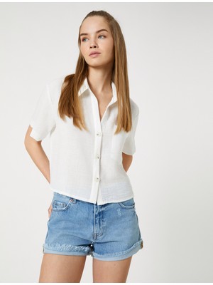 Koton Crop Gömlek Kısa Kollu Cep Detaylı Düğmeli