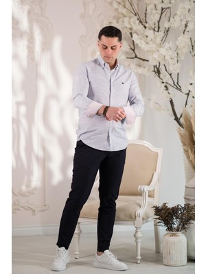 Paul Martin Canadian İnce Çizgili Yaka Düğmeli Keten Yazlık Erkek Gömlek