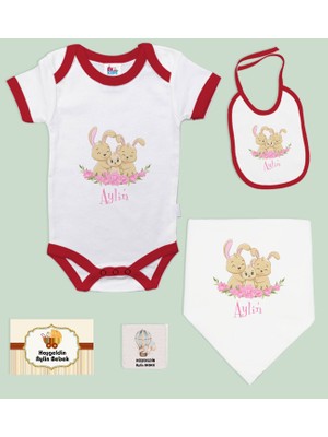 Bk Kids Kişiye Özel Isimli 5 Parça Kırmızı Bebek Body Zıbın ve Battaniye Hediye Seti, Yeni Doğan Bebek Giyim Hediyesi-3