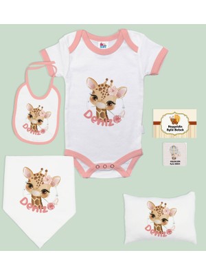 Bk Kids Kişiye Özel Isimli 6 Parça Pembe Bebek Body Zıbın Battaniye ve Yastık Hediye Seti, Yeni Doğan Bebek Giyim Hediyesi-5