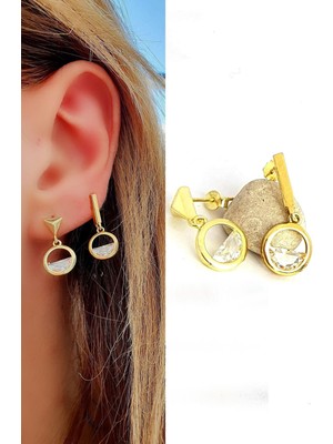 Ose Shop 925AYAR Gümüş Üzerine Altın Kaplama Tasarım Zirkon Taşlı Asimetrik Küpe