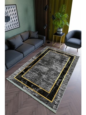 10 Post Online Salon Halısı Modern Siyah Altın Gold Yolluk Kaymaz Yuvarlak Oval Kesme Ince Yıkanabilir Halı