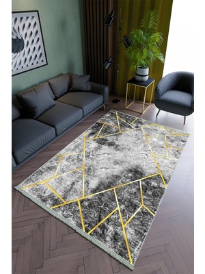 10 Post Online Salon Halısı Modern Gri Altın Gold Yolluk Kaymaz Yuvarlak Oval Kesme Ince Yıkanabilir Halı