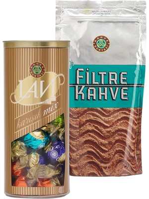 Kahve Dünyası Lavi Karışık Silindir Kutu 400 gr Fıstıklı Çikolata ve 250 gr Filtre Kahve Paketi