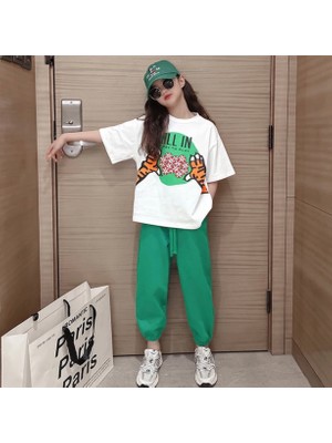 Kids Face Özel Tasarım All In Kaplan Pençesi Baskılı %100 Pamuk Hip Hop Kısa Kollu Yazlık Kız Çocuk Eşofman Takımı