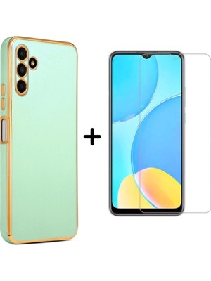 Wowacs Samsung Galaxy A04S Uyumlu Kenarları Parlak Altın Renkli Kılıf ve Temperli Cam Ekran Koruyucu
