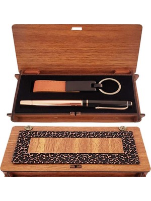 Alifa Toptan Ahşap Kutulu Bakır Roller Kalem ve Taba Anahtarlık Set