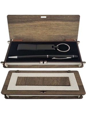 Alifa Toptan Ahşap Kutulu Siyah Kalem ve Anahtarlık Set